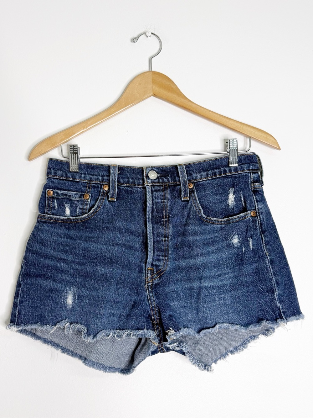 Levi’s 501 Original Shorts Size 28 Dark Wash Distressed Raw Hem Denim